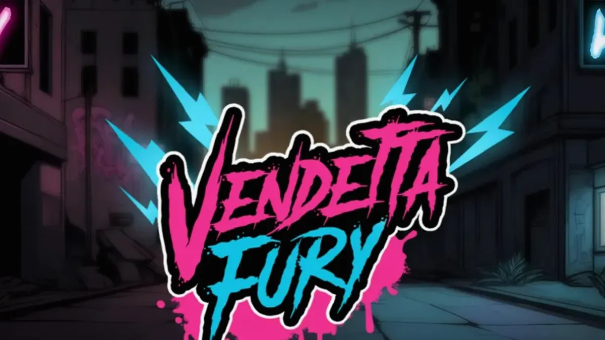 Tampilan layar slot Vendetta Fury dengan tema cyberpunk neon di perangkat seluler.